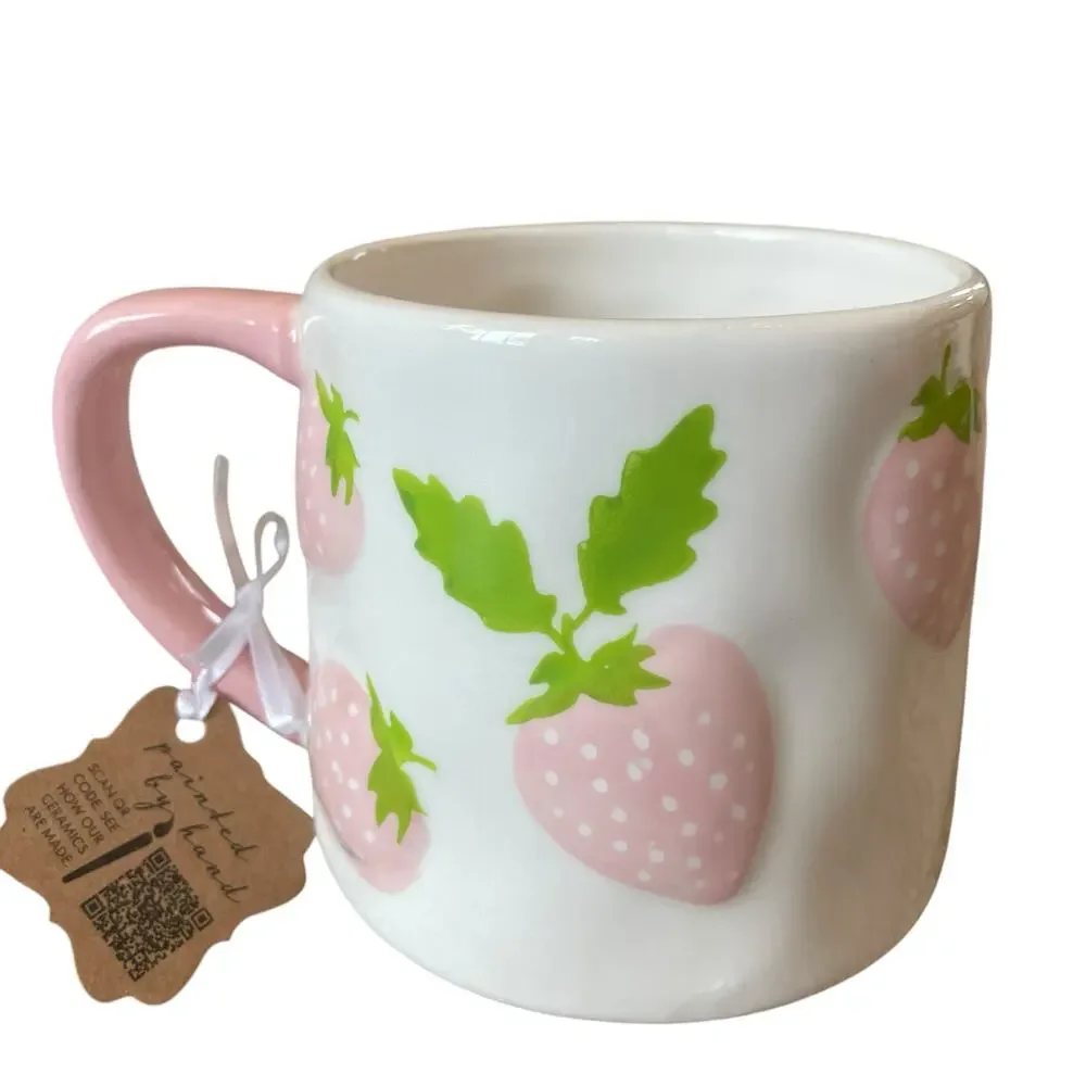 Lang Hand Painted PINK STRAWBERRY Ceramic Coffee Tea Mugs Set of 2 New